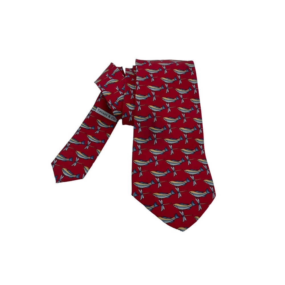 Tiffany & Co. Made In Italy Red w/Fish & Dragonflies Sz 57"x3.5" Silk Tie (TA6)